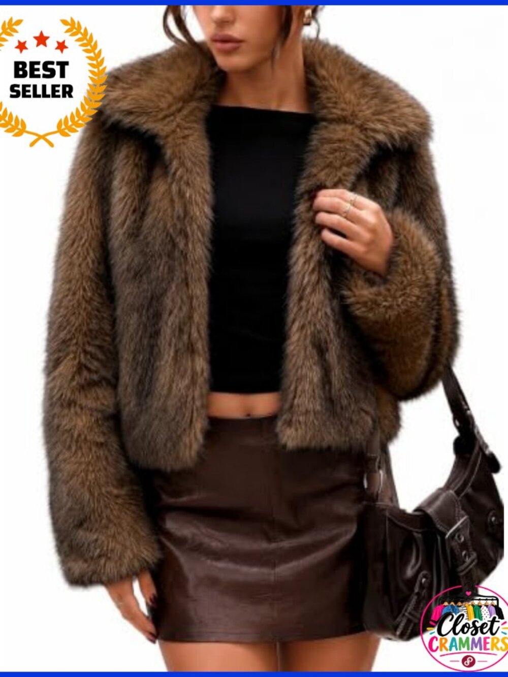 Faux Fur Coat Women Cropped Fluffy Jacket Two-Tone Fuzzy Outerwear